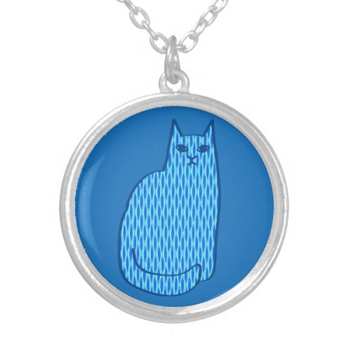 Mid_Century Modern Cat Cobalt and Light Blue Silver Plated Necklace