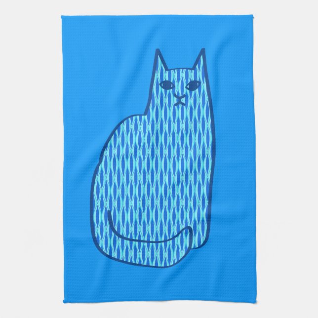 Mid-Century Modern Cat, Cobalt and Light Blue Towel (Vertical)