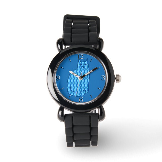 Mid-Century Modern Cat, Cobalt and Light Blue Watch (Front)