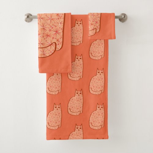 Mid_Century Modern Cat Coral Orange and White Bath Towel Set