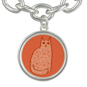 Mid-Century Modern Cat, Coral Orange and White Charm Bracelet