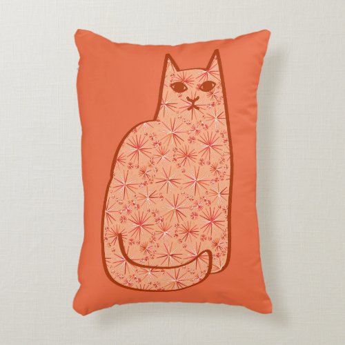 Mid_Century Modern Cat Coral Orange and White Decorative Pillow