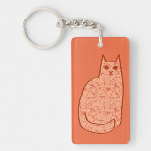 Mid-Century Modern Cat, Coral Orange and White Keychain