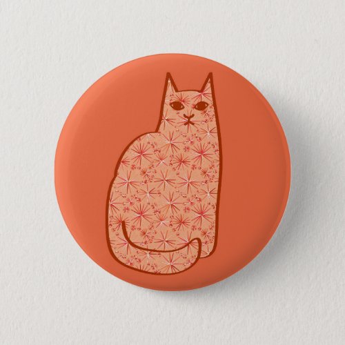 Mid_Century Modern Cat Coral Orange and White Pinback Button