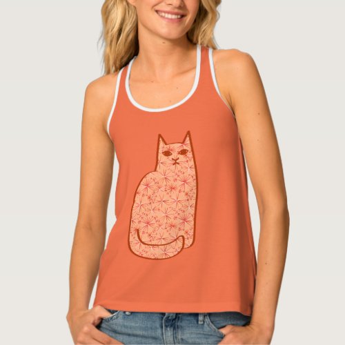 Mid_Century Modern Cat Coral Orange and White  Tank Top