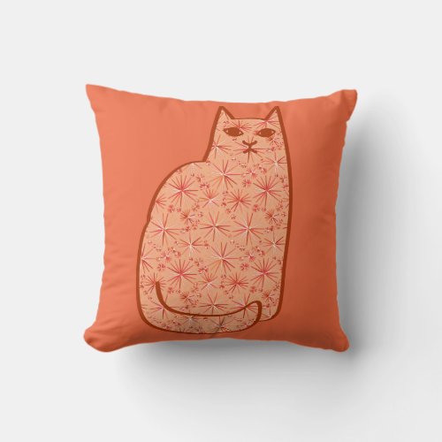 Mid_Century Modern Cat Coral Orange and White Throw Pillow