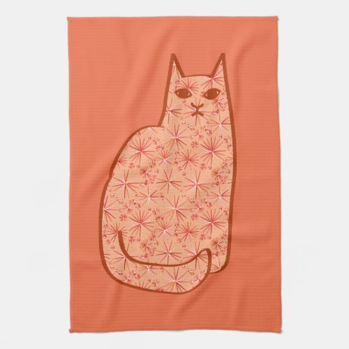 Mid_Century Modern Cat Coral Orange and White Towel