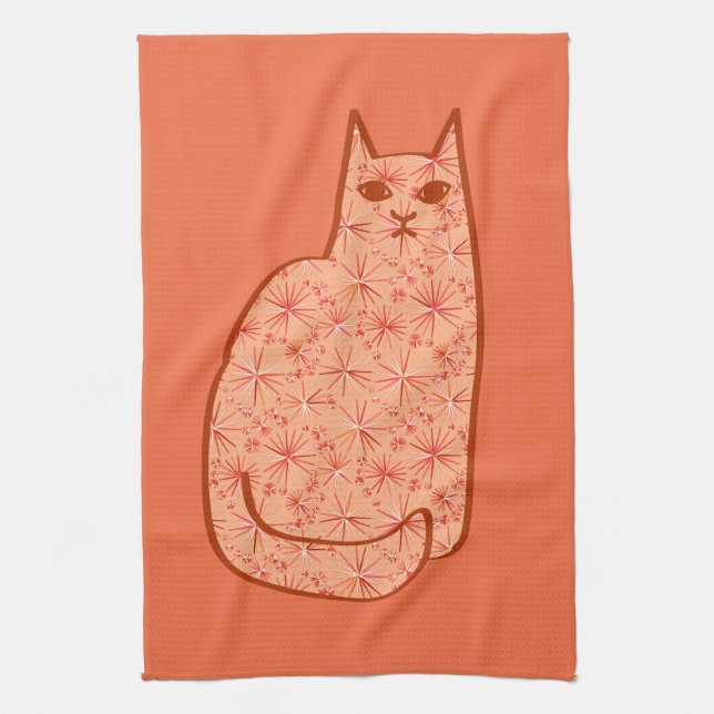 Mid-Century Modern Cat, Coral Orange and White Towel (Vertical)