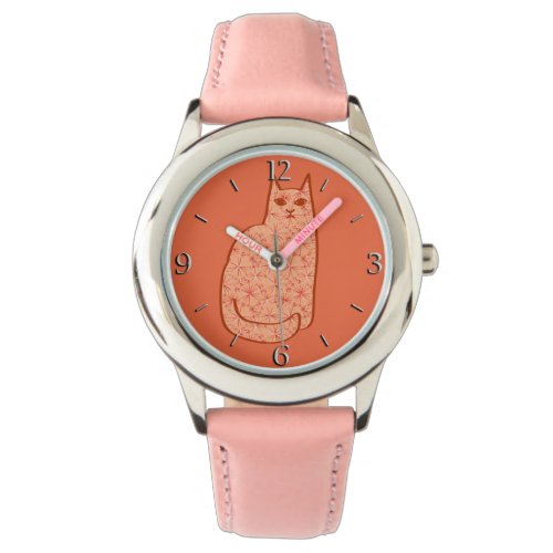 Mid_Century Modern Cat Coral Orange and White  Watch