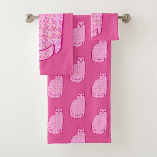 Mid_Century Modern Cat Fuchsia and Light Pink  Bath Towel Set