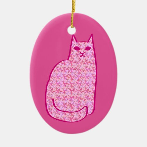 Mid_Century Modern Cat Fuchsia and Light Pink  Ceramic Ornament