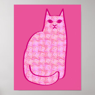 Mid-Century Modern Cat, Fuchsia and Light Pink Poster