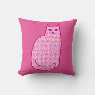 Mid-Century Modern Cat, Fuchsia and Light Pink Throw Pillow