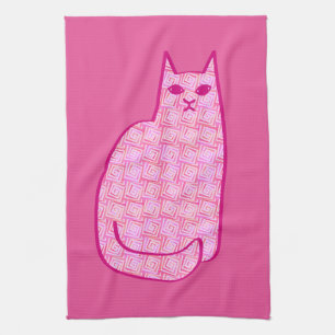 Mid-Century Modern Cat, Fuchsia and Light Pink Towel
