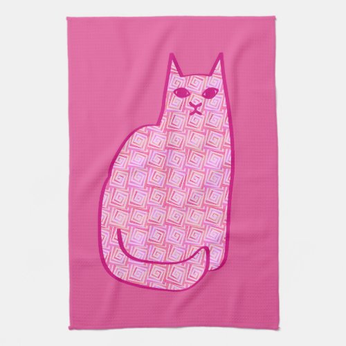 Mid_Century Modern Cat Fuchsia and Light Pink Towel
