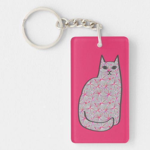 Mid_Century Modern Cat Fuchsia Pink and Gray Keychain