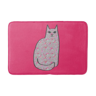 Mid-Century Modern Cat, Gray and Fuchsia Pink  Bath Mat