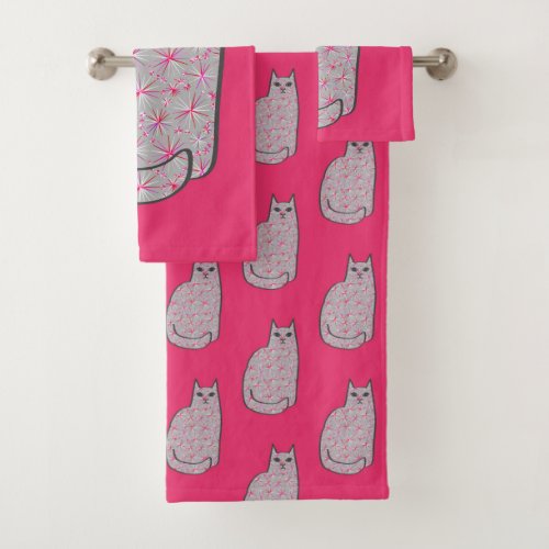 Mid_Century Modern Cat Gray and Fuchsia Pink  Bath Towel Set