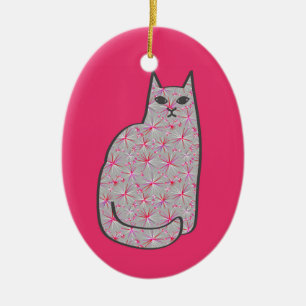 Mid-Century Modern Cat, Gray and Fuchsia Pink Ceramic Ornament