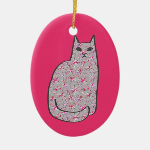 Mid_Century Modern Cat Gray and Fuchsia Pink  Ceramic Ornament
