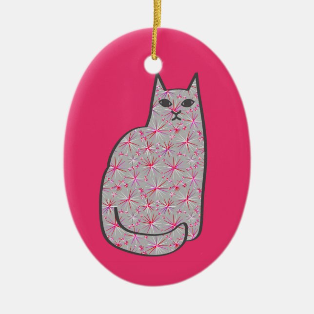 Mid-Century Modern Cat, Gray and Fuchsia Pink  Ceramic Ornament (Front)