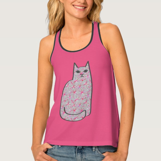Mid-Century Modern Cat, Gray and Fuchsia Pink  Tank Top (Front)