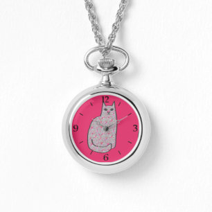 Mid-Century Modern Cat, Gray and Fuchsia Pink  Watch