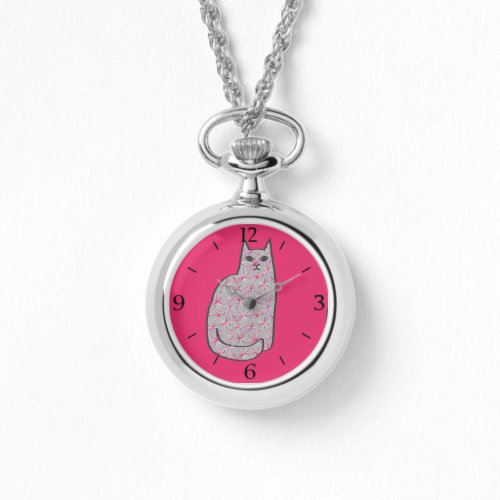 Mid_Century Modern Cat Gray and Fuchsia Pink  Watch