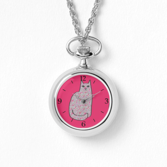 Mid-Century Modern Cat, Gray and Fuchsia Pink  Watch (Front)
