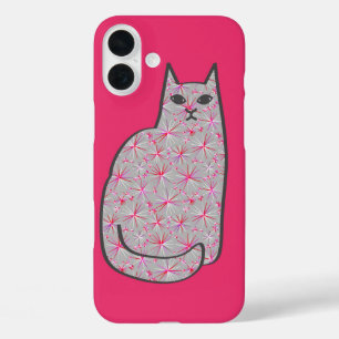 Mid-Century Modern Cat, Gray / Grey and Pink iPhone 16 Plus Case