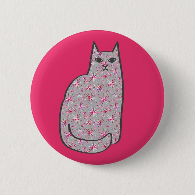 Mid-Century Modern Cat, Gray / Grey and Pink Pinback Button (Front)
