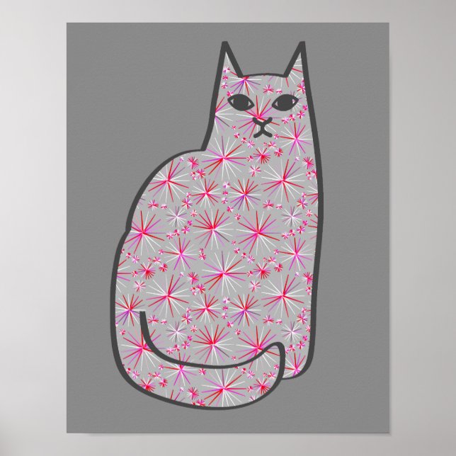 Mid-Century Modern Cat, Gray / Grey and Pink Poster (Front)