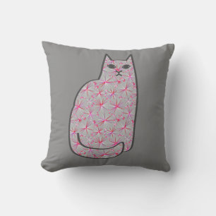Mid-Century Modern Cat, Gray / Grey and Pink Throw Pillow