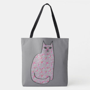 Mid-Century Modern Cat, Gray / Grey and Pink Tote Bag
