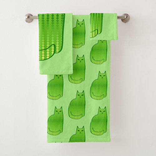 Mid_Century Modern Cat Lime and Emerald Green   Bath Towel Set