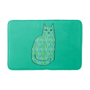 Mid-Century Modern Cat, Mint and Lime Green  Bath Mat