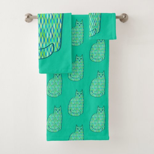 Mid_Century Modern Cat Mint and Lime Green Bath Towel Set