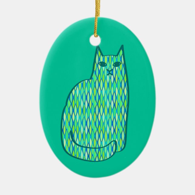 Mid-Century Modern Cat, Mint and Lime Green  Ceramic Ornament (Front)