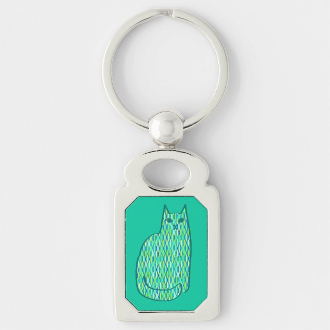 Mid-Century Modern Cat, Mint and Lime Green Keychain (Front)