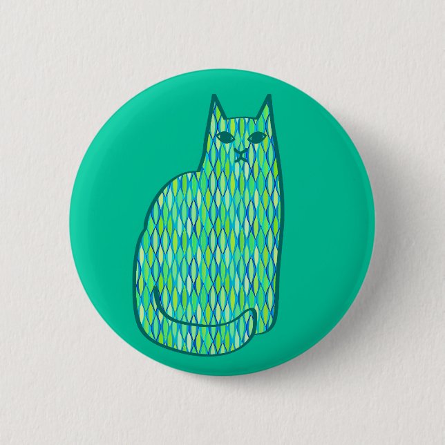 Mid-Century Modern Cat, Mint and Lime Green Pinback Button (Front)