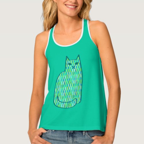 Mid_Century Modern Cat Mint and Lime Green  Tank Top