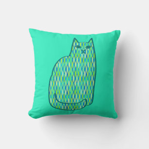 Mid-Century Modern Cat, Mint and Lime Green Throw Pillow