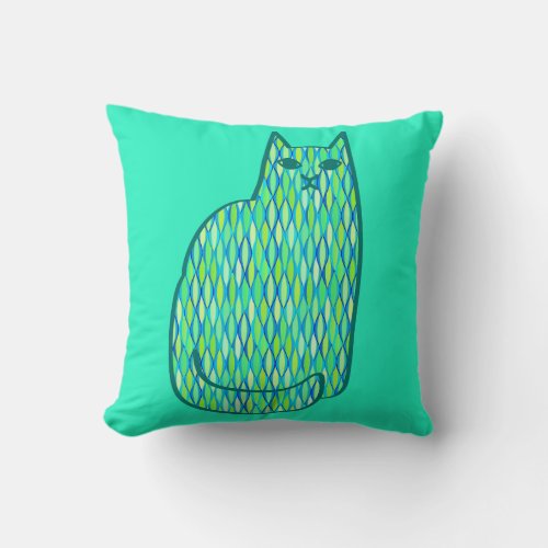 Mid_Century Modern Cat Mint and Lime Green Throw Pillow