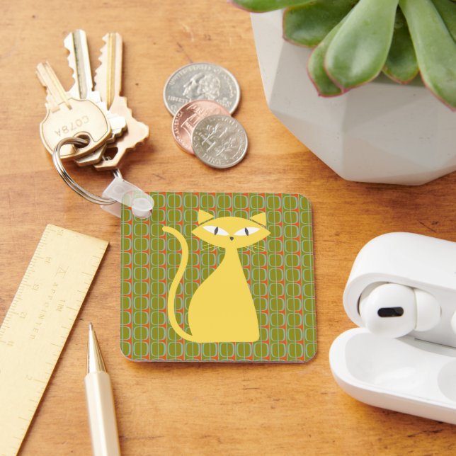 Mid Century Modern Cat on Geometric Pattern Keychain (Desk)