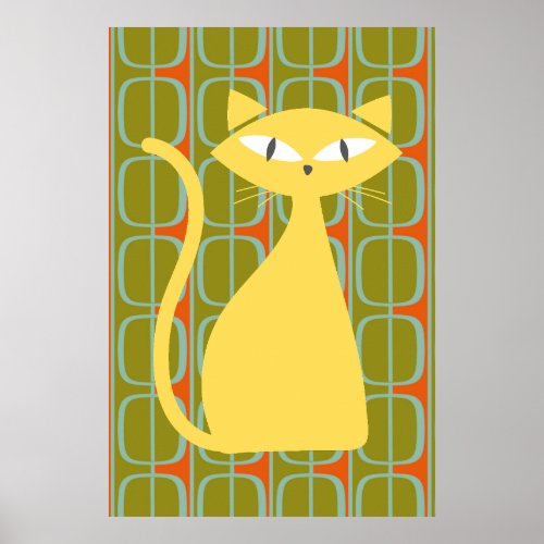 Mid Century Modern Cat on Geometric Pattern Poster