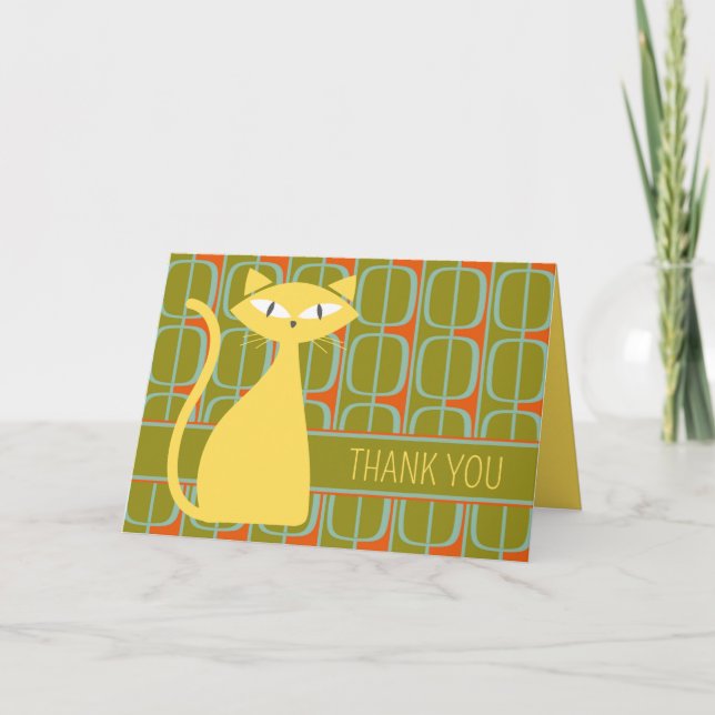 Mid Century Modern Cat on Geometric Pattern Thank You Card (Front)