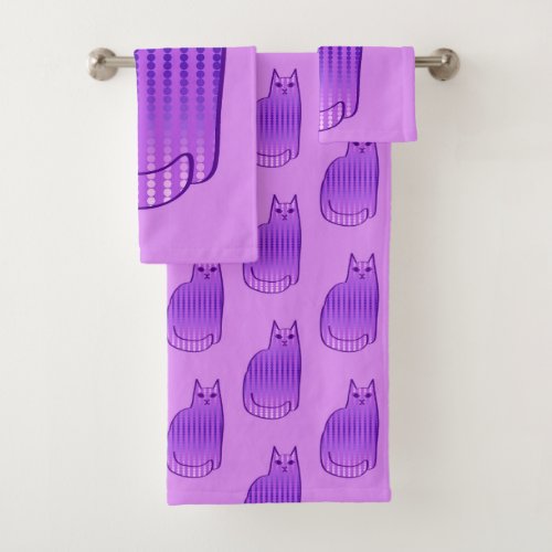 Mid_Century Modern Cat Orchid and Purple Bath Towel Set