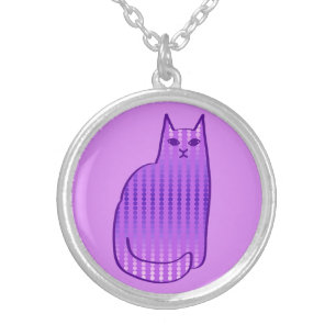 Mid-Century Modern Cat, Orchid and Purple Silver Plated Necklace