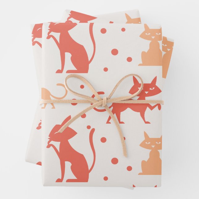 Mid-Century Modern Cat Pattern Wrapping Paper Sheets (In situ)