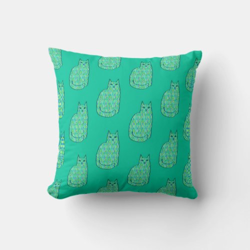 Mid_Century Modern Cat Print Mint  Lime Green Throw Pillow